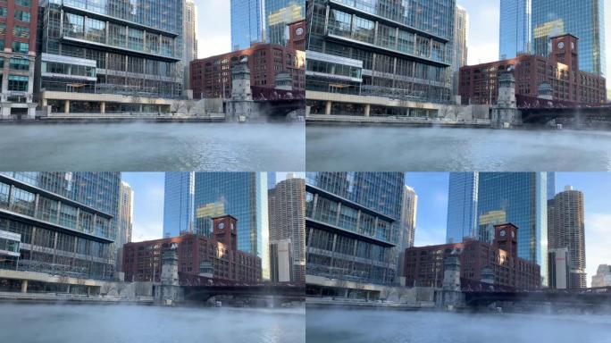 随着寒冷的1月早晨气温骤降，芝加哥河的蒸汽从其上升。