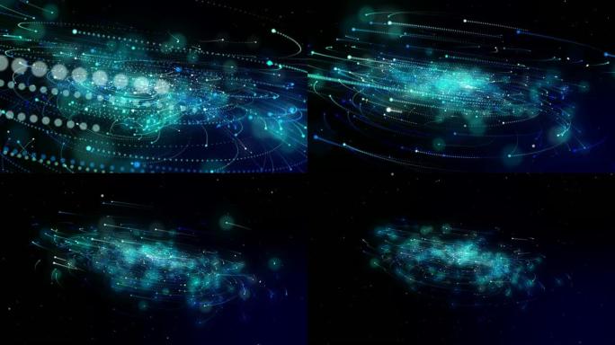 4k运动图形模拟暗底恒星的星系光运动，未来能源和数据技术的网络编程概念在蓝色主题中用于呈现抽象背景。