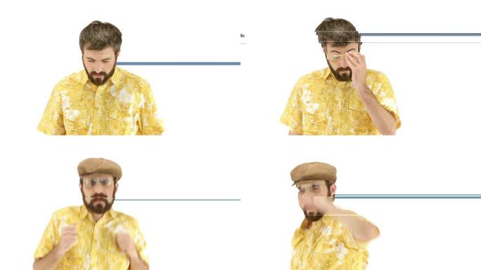年轻的70年代疲惫的大胡子男人穿衣帽和黄色碎花橙色复古衬衫特写-白色隔离高清视频片段