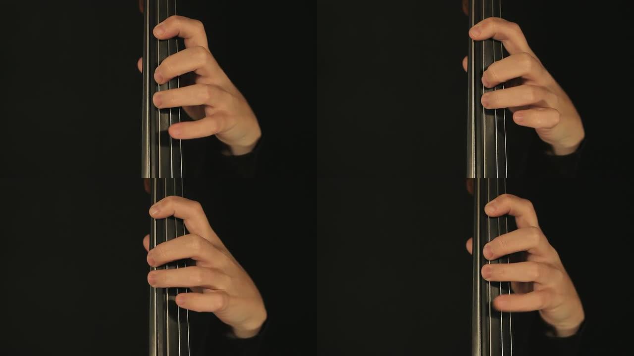 在大提琴的指板弦上指法时，弓的轻柔动作