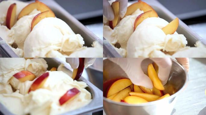 用专业机器准备冰淇淋，桃子味