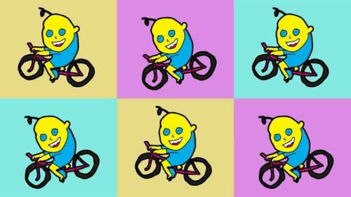 儿童绘画流行艺术无缝背景与主题的人骑自行车