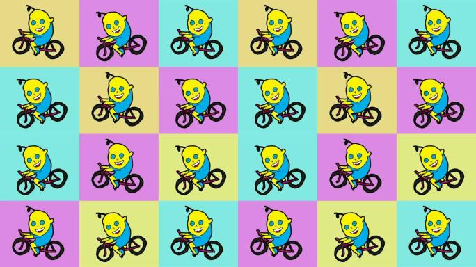 儿童绘画流行艺术无缝背景与主题的人骑自行车