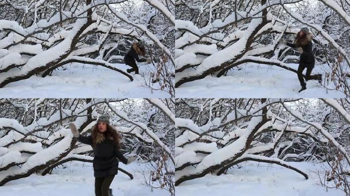 美丽受惊的女孩在白雪皑皑的森林中逃离了一个虚构的恶棍