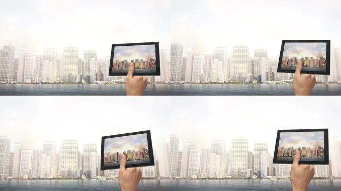用数字平板电脑在城市中拍摄照片