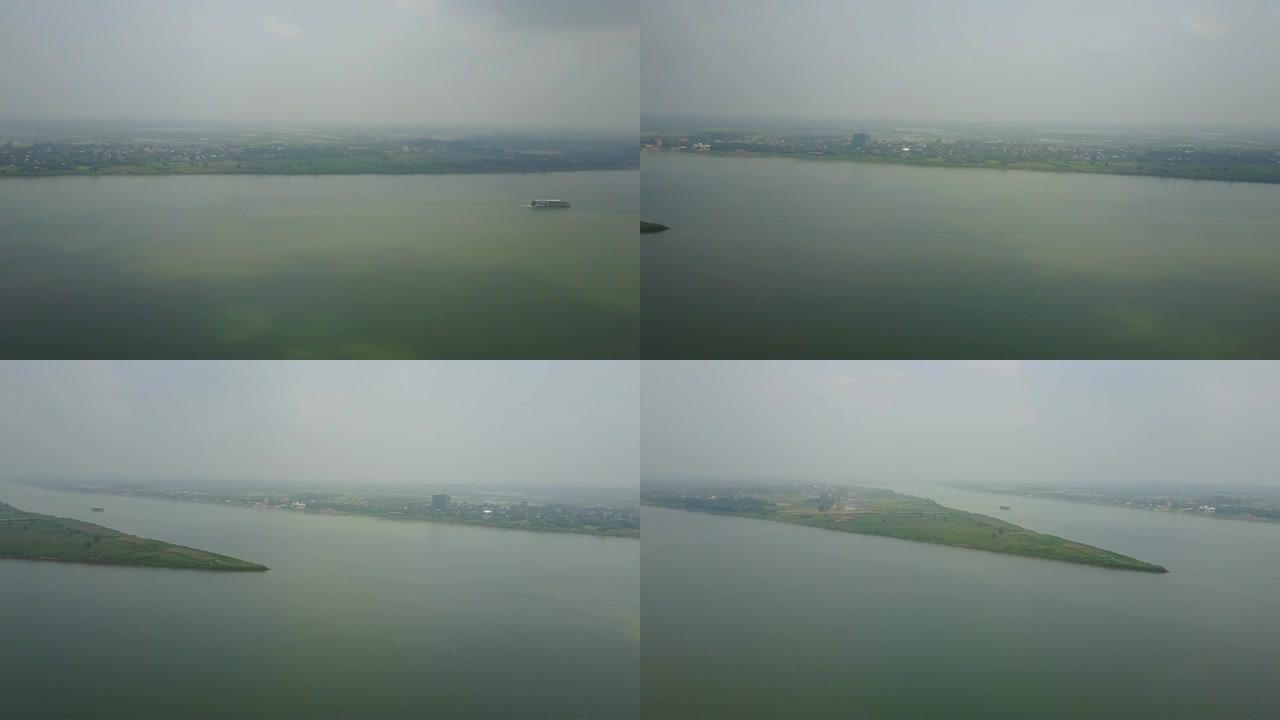 Dron飞越柬埔寨湄公河。