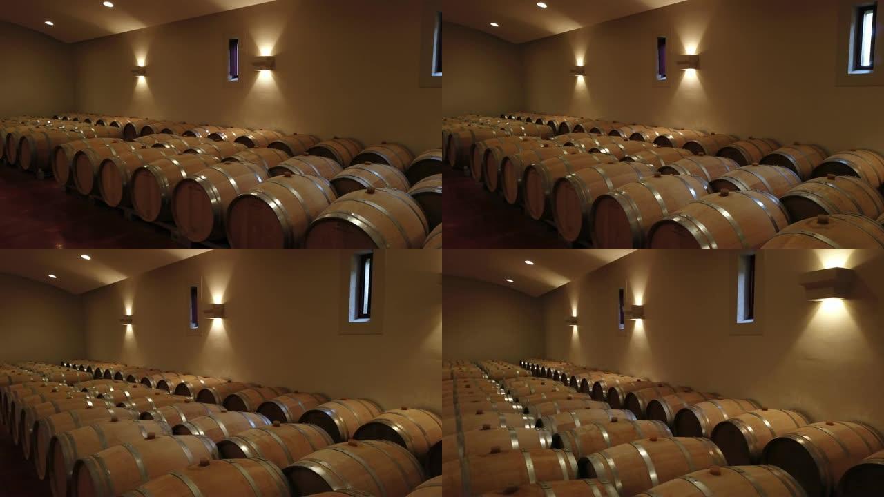 法国波尔多葡萄园酒窖中的橡木桶生产线，可完美发酵葡萄酒