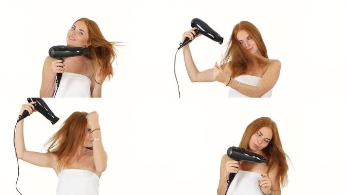 浴室里的红发女人用吹风机吹干头发，浴室