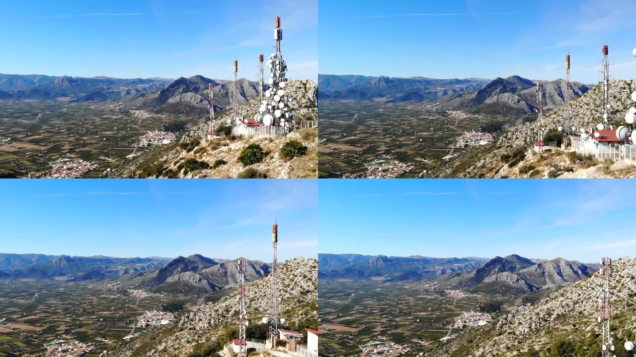 西班牙阿利坎特滨海阿尔塔塞加里亚山电信天线的空中无人机视图