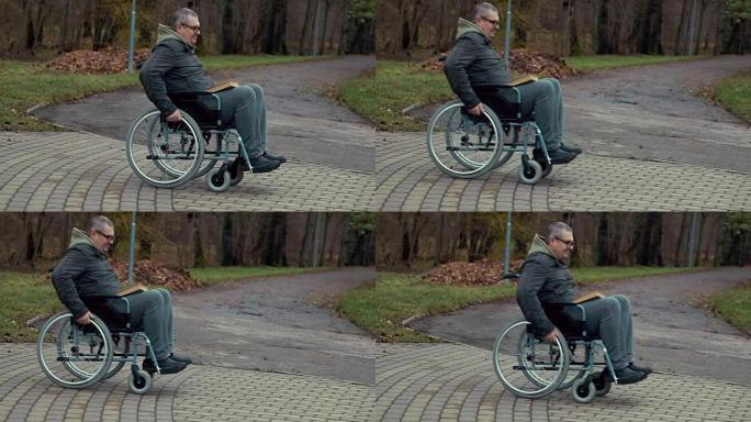 残疾人在公园的户外路径上使用轮椅