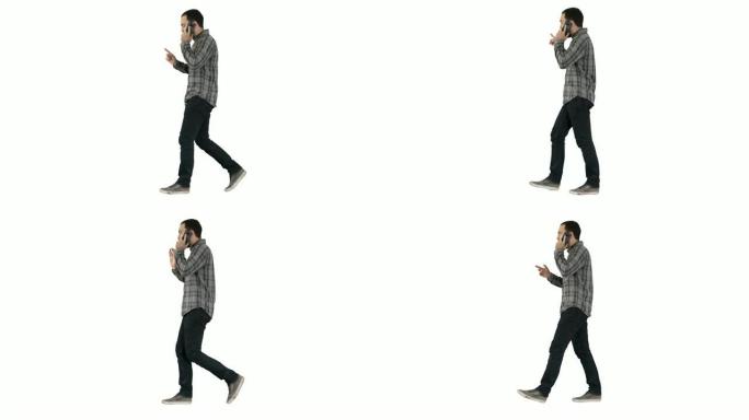 男人在电话上聊天，走路和在白色背景上做手势