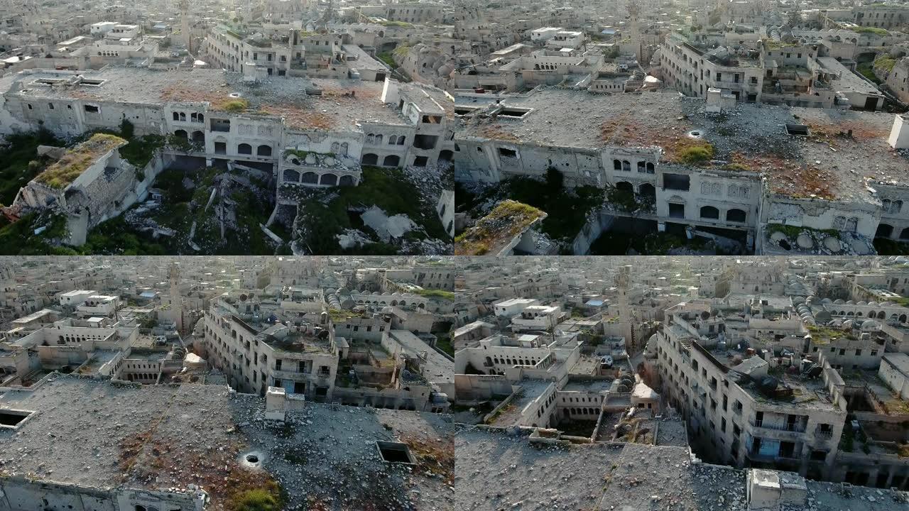 阿勒颇废墟的鸟瞰图。由于恐怖主义，建筑物的屋顶在爆炸后被摧毁。