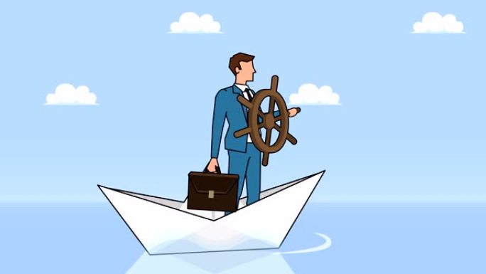 纸船上漂浮的掌舵平面卡通商人人物控制概念动画