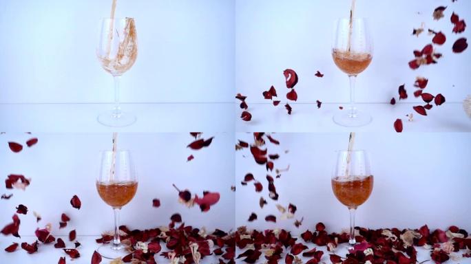 慢动作将粉红色葡萄酒倒入酒杯中的概念。