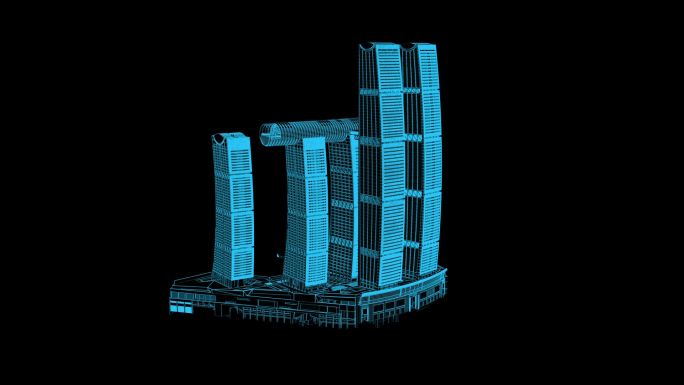 蓝色线框全息科技来福士建筑动画带通道