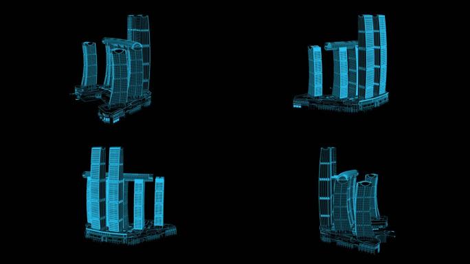 蓝色线框全息科技来福士建筑动画带通道