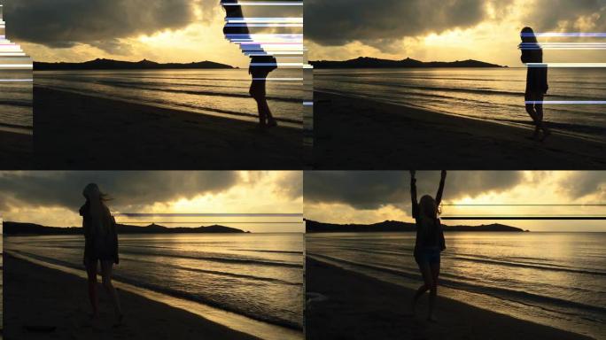 年轻美丽的金发女人剪影在夏天户外日落时在岸上行走-万向节steadicam高清视频片段