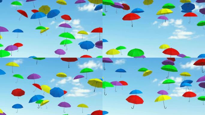 飞行伞。多色阳伞在天空中翱翔