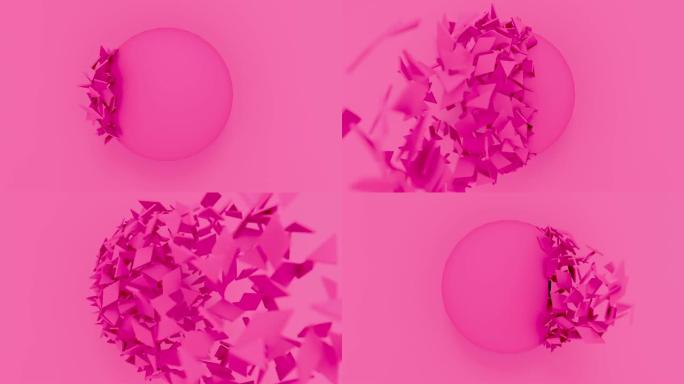 粉彩背景上的抽象粉红球爆炸。3d形状几何计算机动画渲染。4k循环镜头。