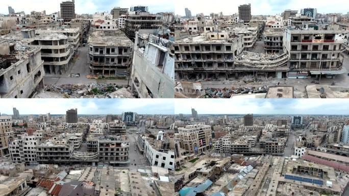 阿勒颇废墟中的房屋。一座被轰炸摧毁的城市，只剩下残破的房屋，在蓝天下。