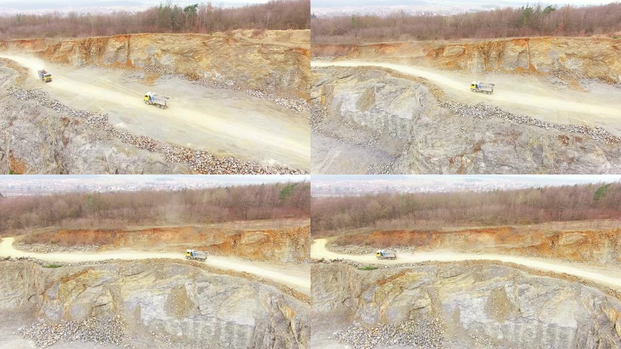 采矿业从上面。摄像机在露天煤矿上空飞行。