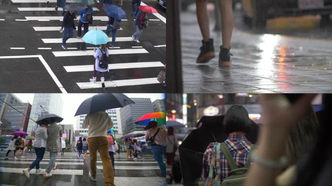 雨中街头过马路的行人