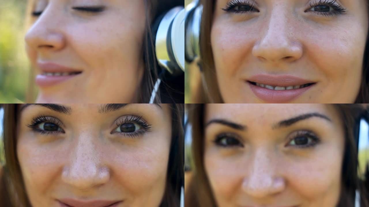 戴着耳机的女人特写镜头微笑着听音乐。