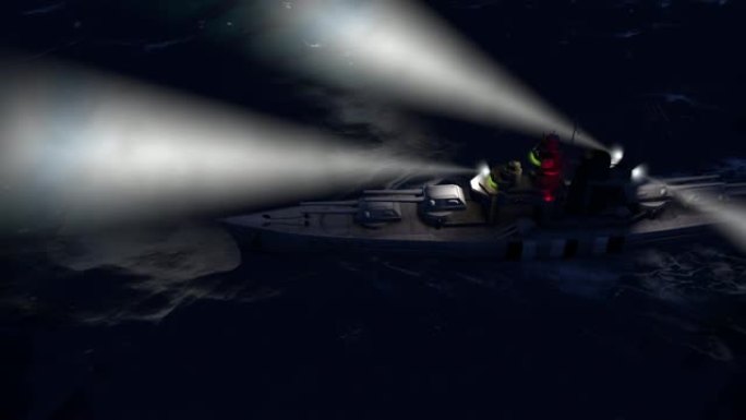 夜间在公海中的战舰的3d动画，探照灯打开