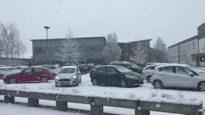 德国哈姆，2019年1月31日: 德国意外的1月降雪。视频。大片雪花正在飘落。