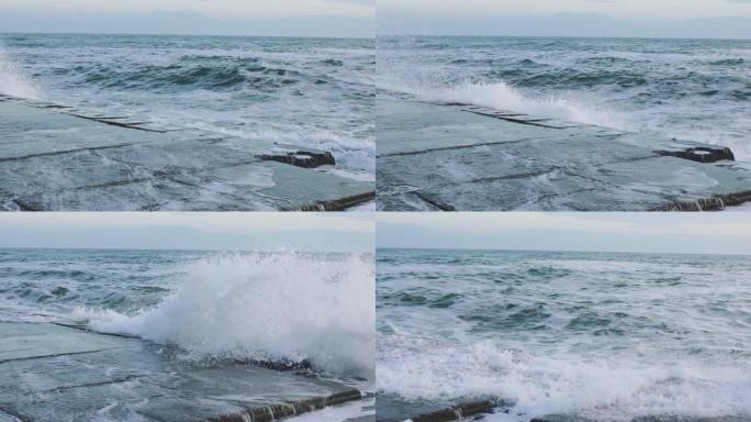 冷天风暴中的海浪，慢动作