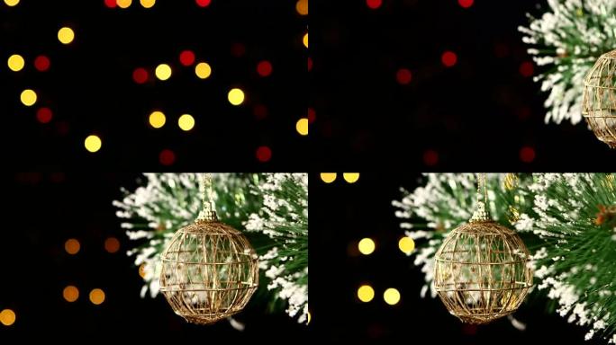 不寻常的装饰-圣诞树上的圆形棕色玩具，bokeh，浅色，黑色，花环，凸轮向右移动