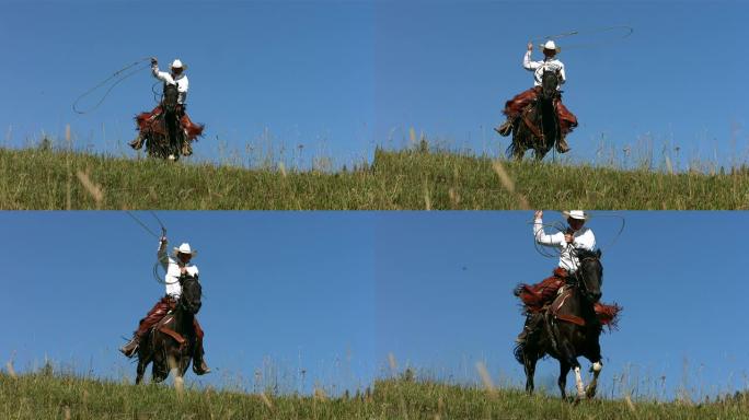 牛仔骑在山上摇摆套索，慢动作