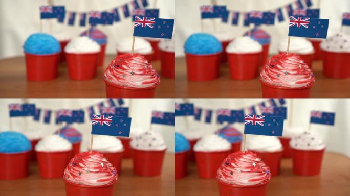 新西兰的怀唐日。蛋糕和旗帜