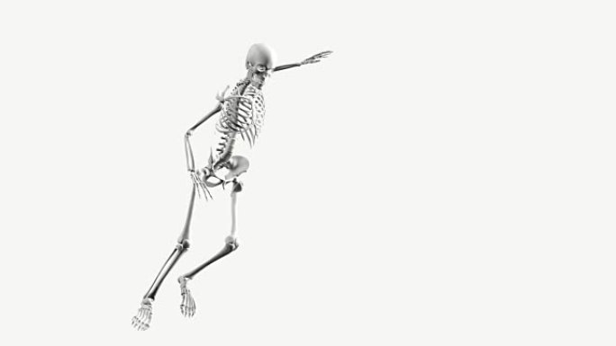 白色背景上的白色人体骨骼踢球的三维数字模型。