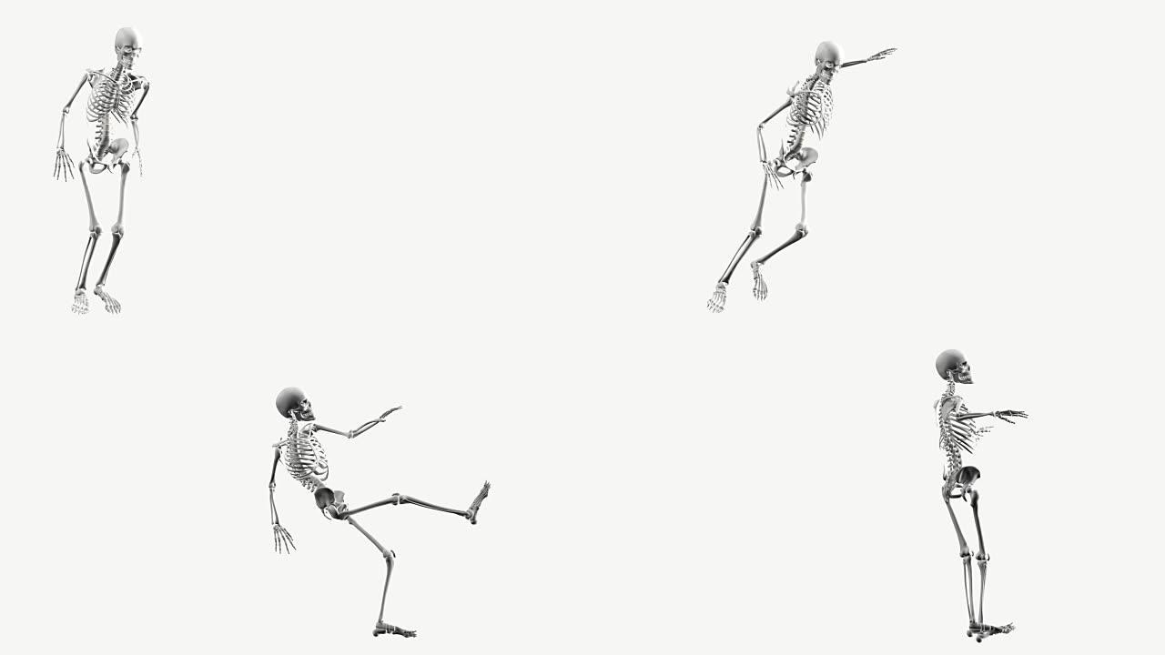 白色背景上的白色人体骨骼踢球的三维数字模型。