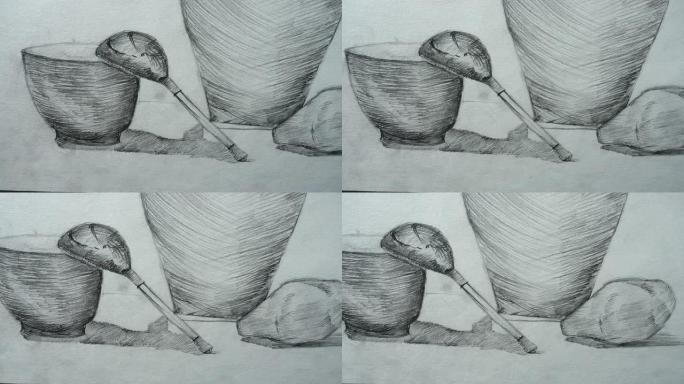 水罐，杯子和梨是在静画上画的。图纸的拍摄。