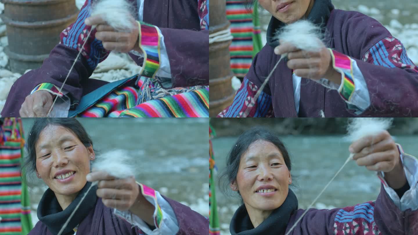 藏族妇女羊毛纺线织布手工劳作干活