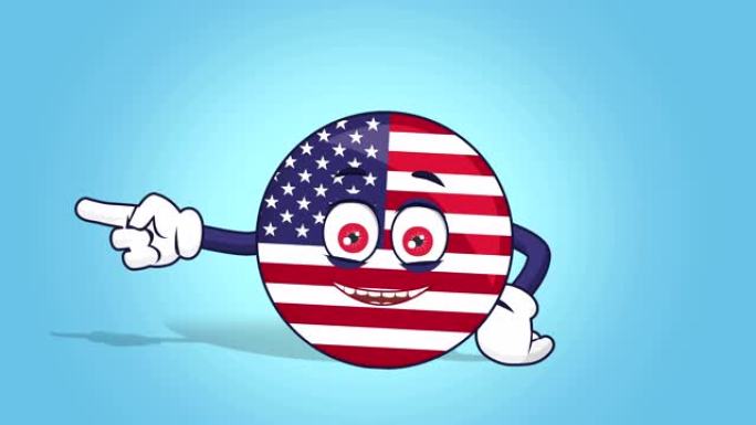 卡通美国标志美国国旗美国快乐的左指针与脸部动画