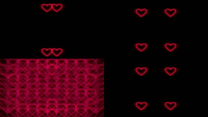 美丽的无缝动画红色发光心脏背景，形成瓷砖墙
