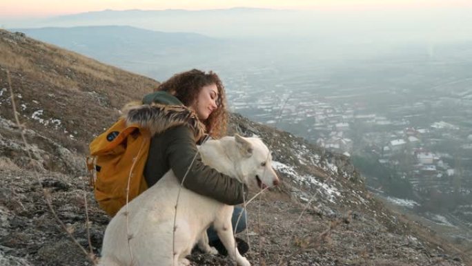 山顶上的女孩和狗看着地平线