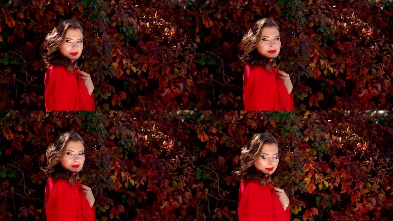 一个穿着裙子，穿着红色外套和秋天公园的漂亮女孩的肖像。