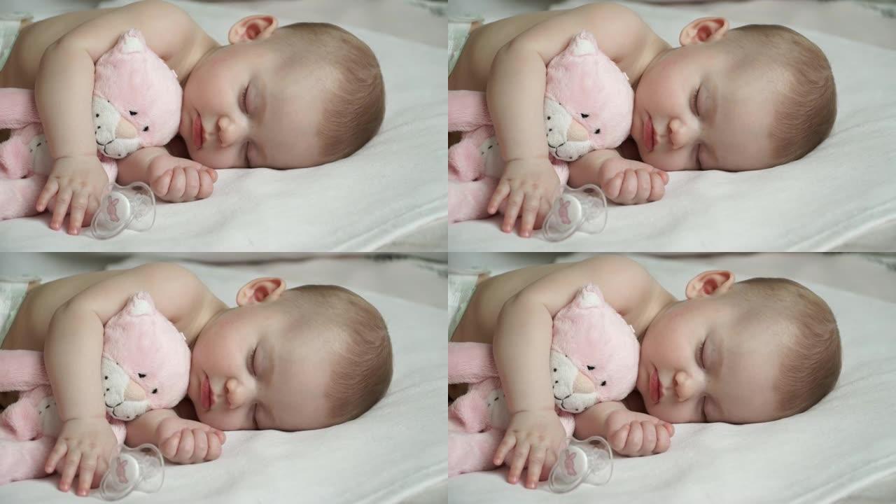 一个美丽的睡着的新生女孩和一只粉红色的猫的特写镜头