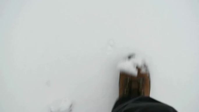 在寒冷的冬天，徒步靴在新鲜的白雪中行走的向下视图