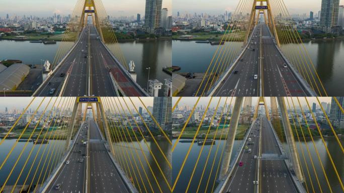 泰国曼谷Phra-pradang普密蓬大桥高架路的日出空中运动时间流逝