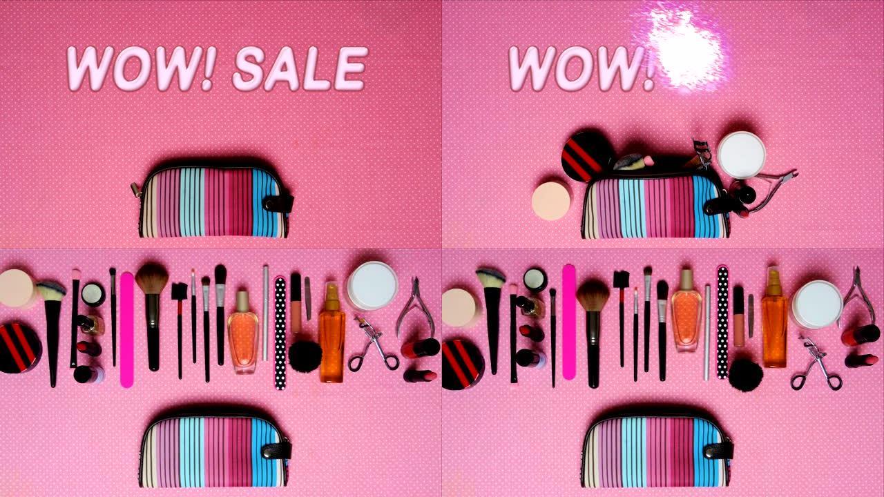 顶视图停止运动关于女性化妆配件的主题与文字公告哇!销售