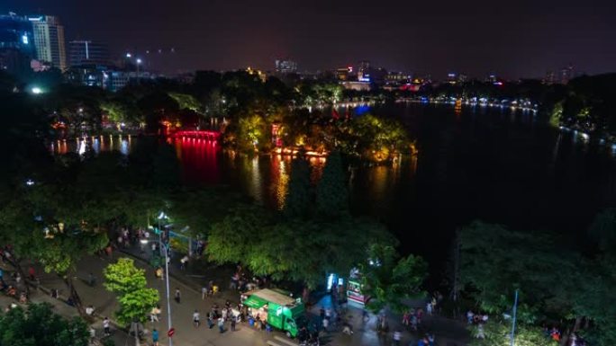 越南河内还剑湖周围的夜景，延时视频