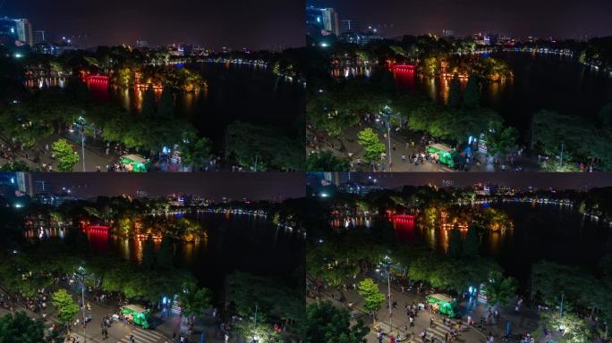 越南河内还剑湖周围的夜景，延时视频