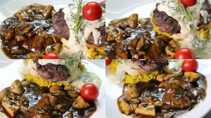 烤牛肉肉和蘑菇放在盘子里