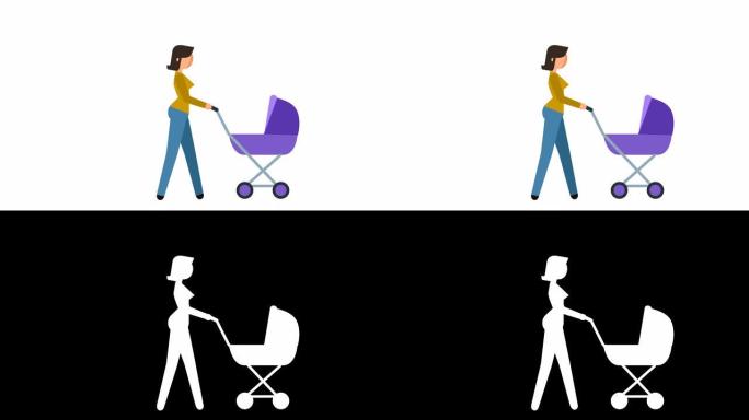 简笔画象形画女孩走路与婴儿车角色平面动画