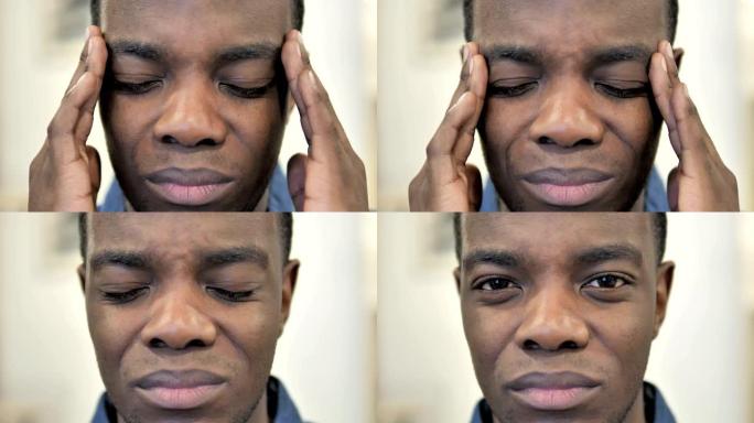 头痛，紧张的非洲男人的脸特写